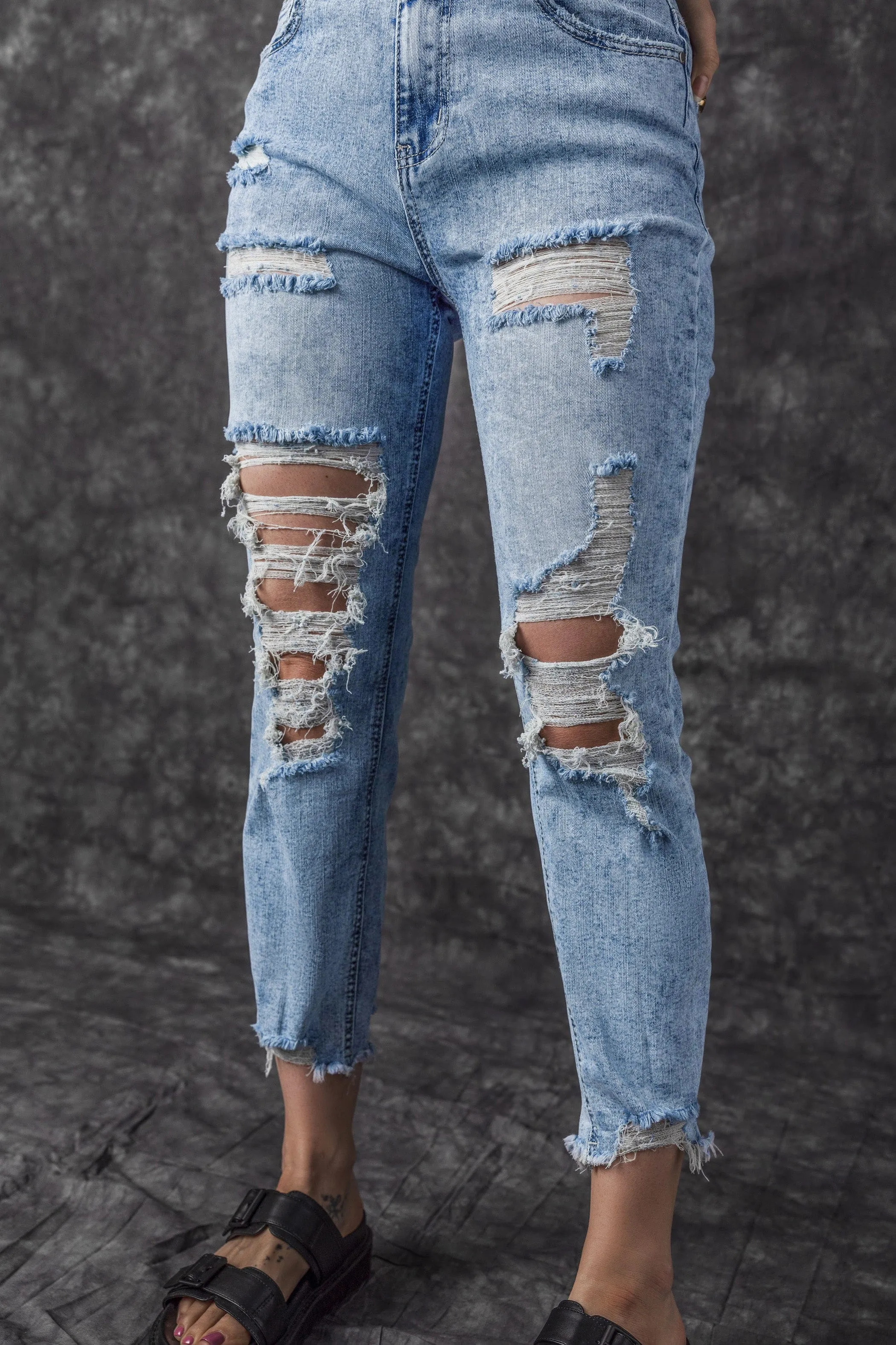 Acid Washed Sky Blue Distressed Slim Fit Denim Jeans