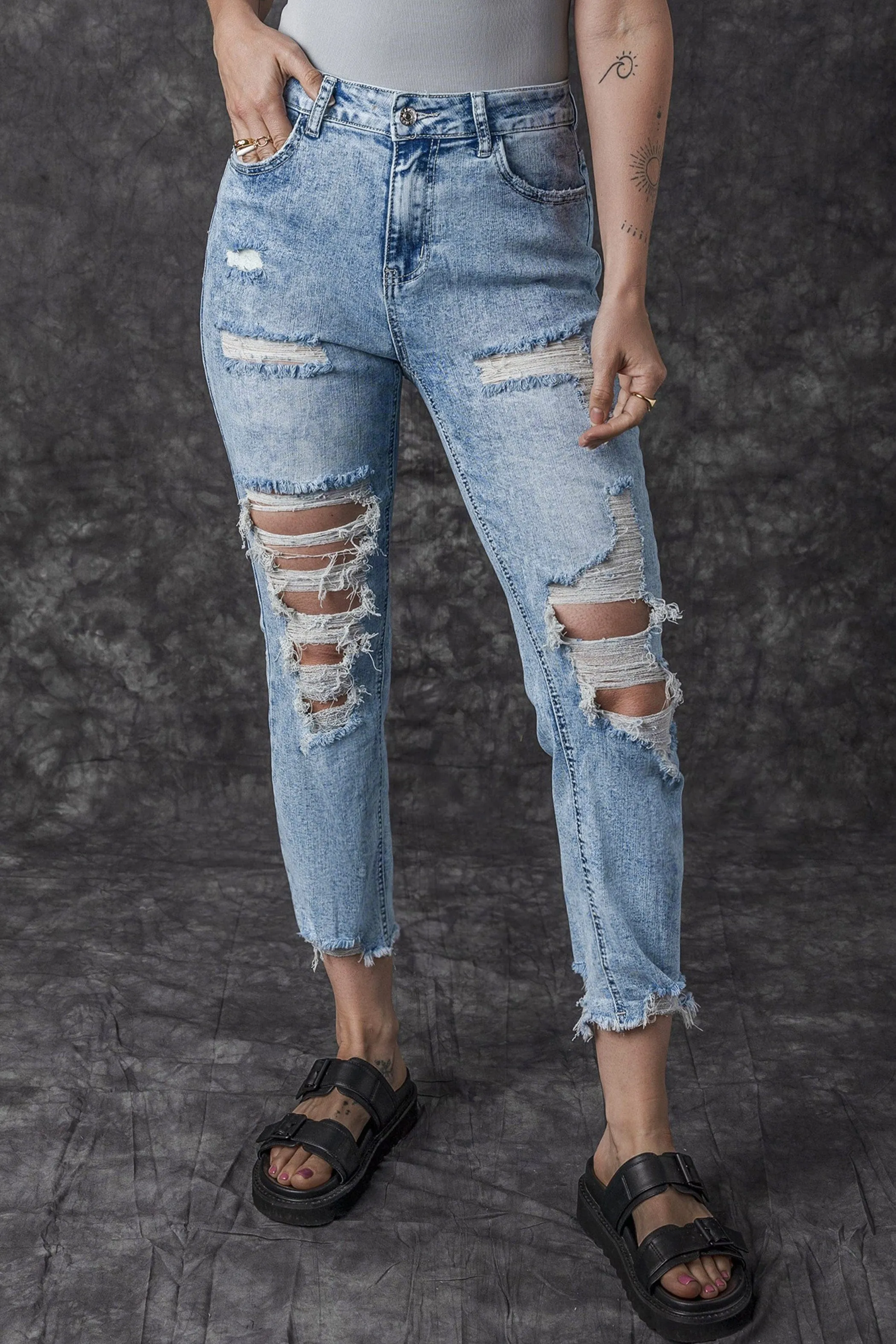 Acid Washed Sky Blue Distressed Slim Fit Denim Jeans