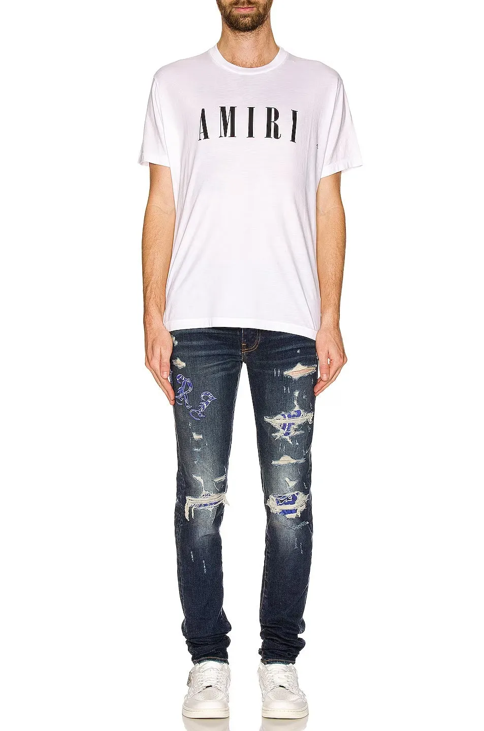 AMIRI OLD ENGLISH LOGO DISTRESSED JEANS