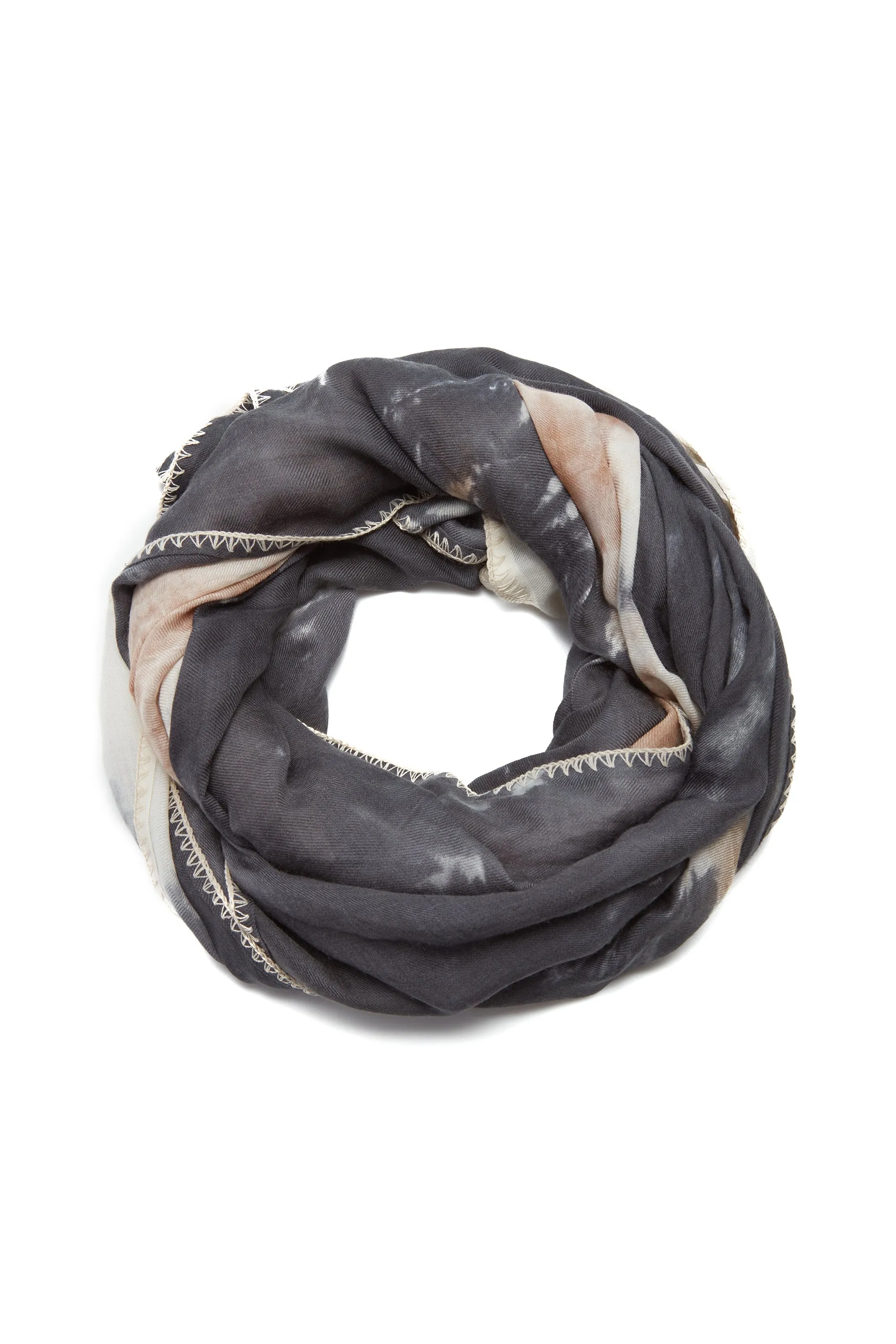 Anaya Scarf in Camel Multi Tie Dye Cashmere Silk and Wool Gauze with Edge Stitch