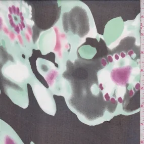 Black/Mint/Fuchsia Abstract Floral Silk Chiffon Fabric