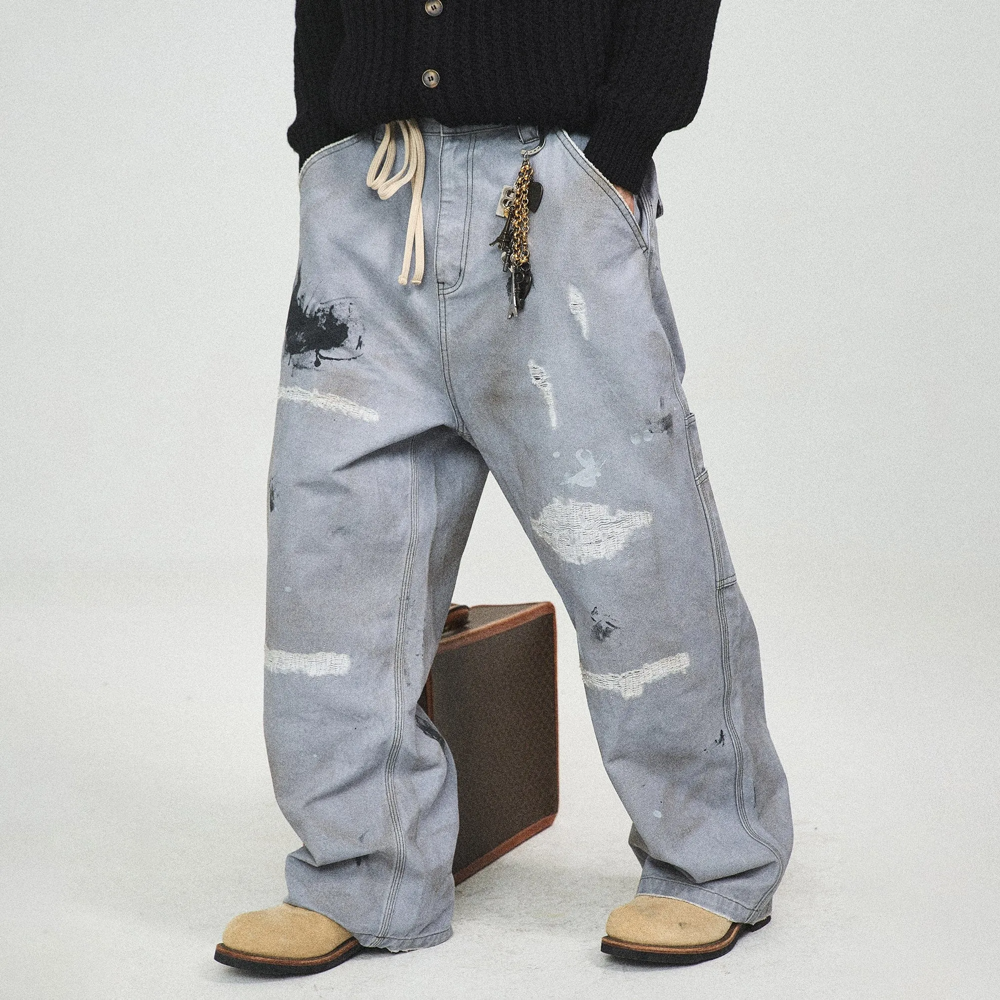 Distressed Spliced Wide-Leg Jeans