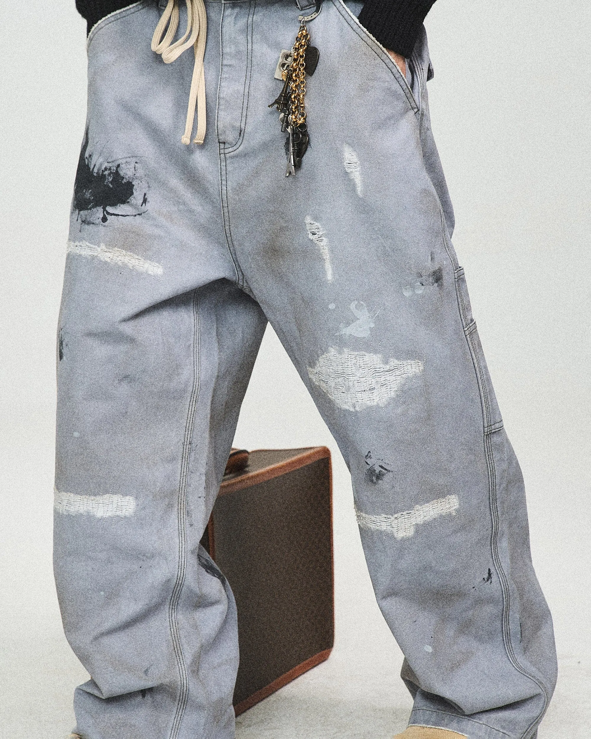 Distressed Spliced Wide-Leg Jeans