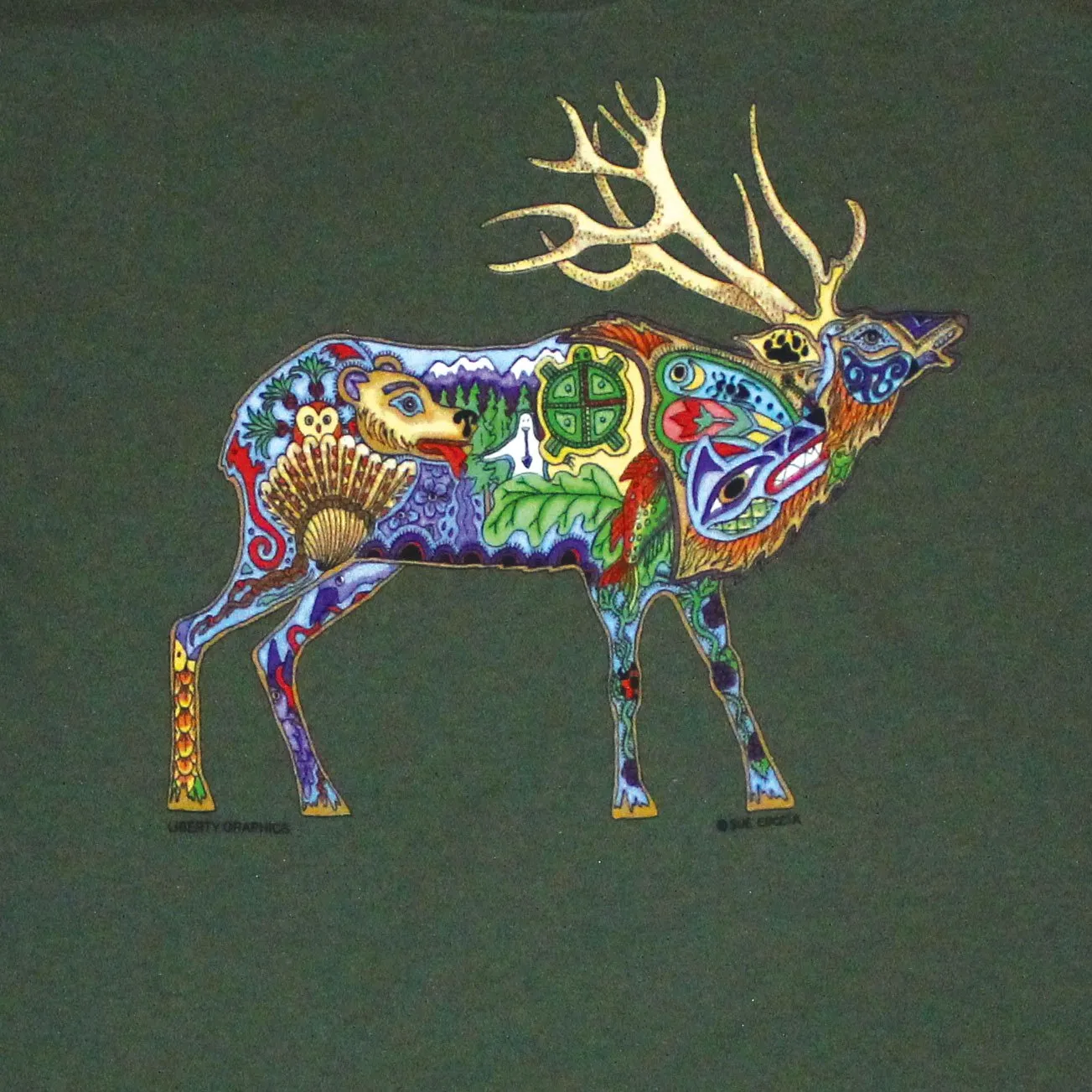 Earth Art Elk Adult Olive Green T-shirt