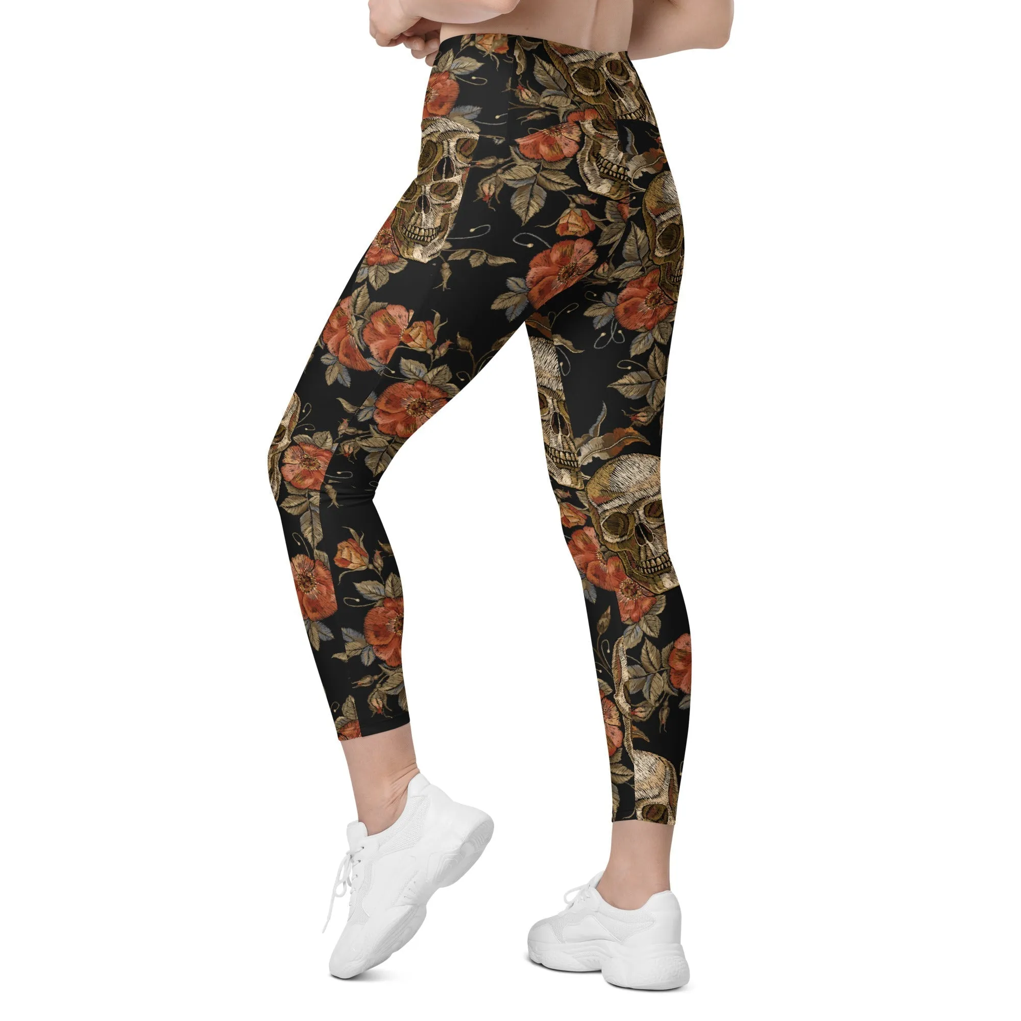 Embroidery Print Skull Leggings With Pockets