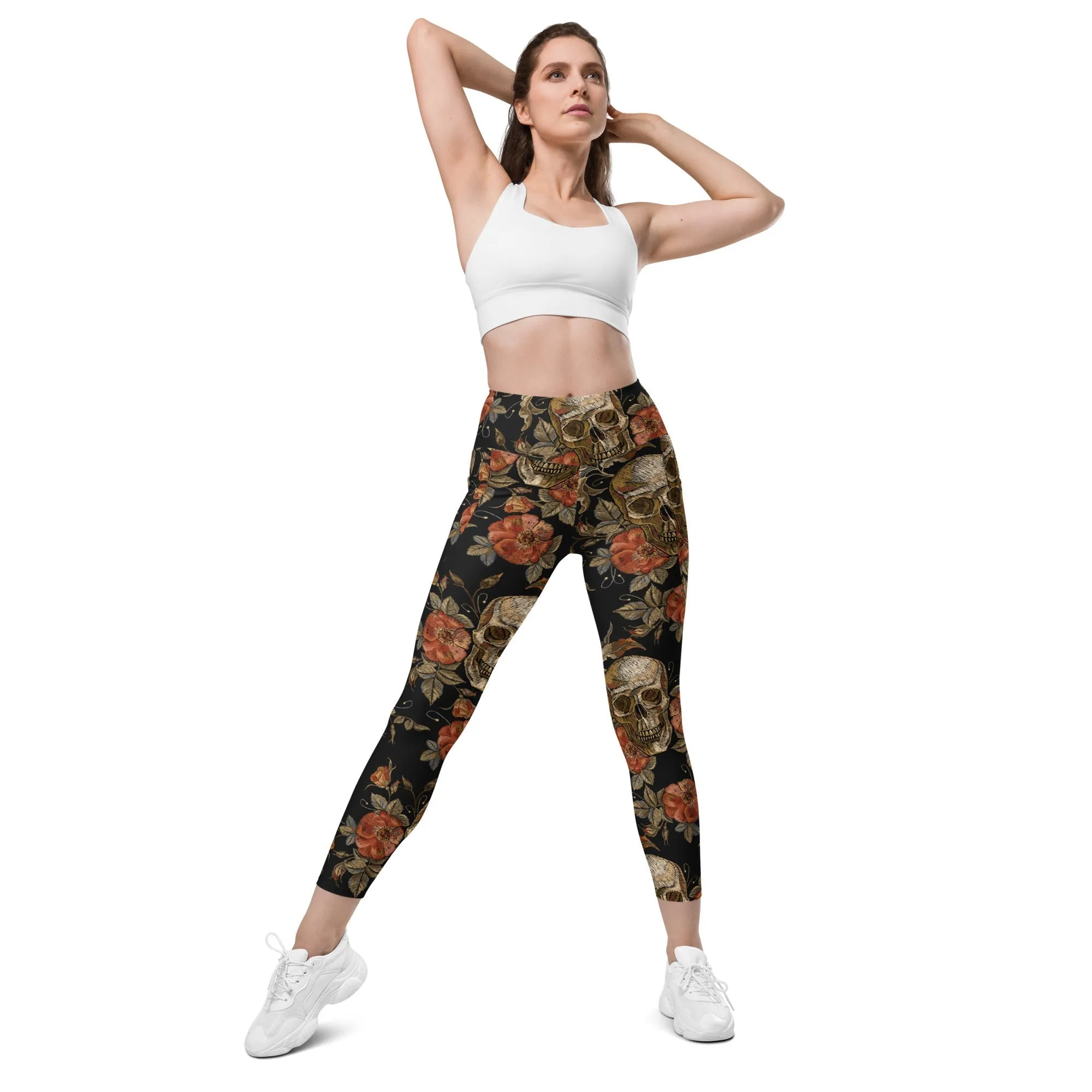 Embroidery Print Skull Leggings With Pockets