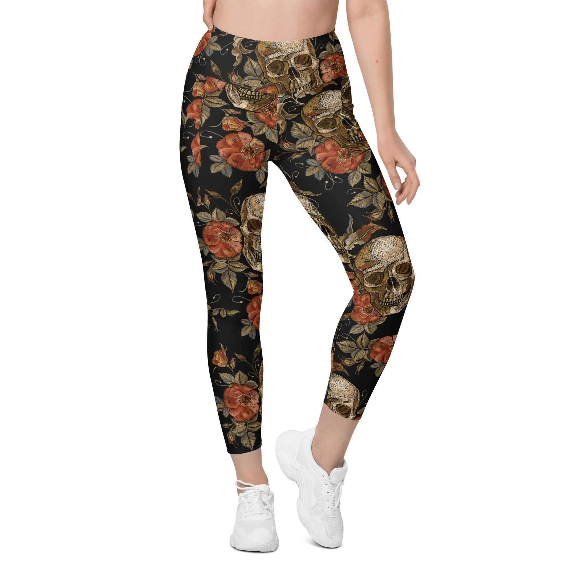 Embroidery Print Skull Leggings With Pockets