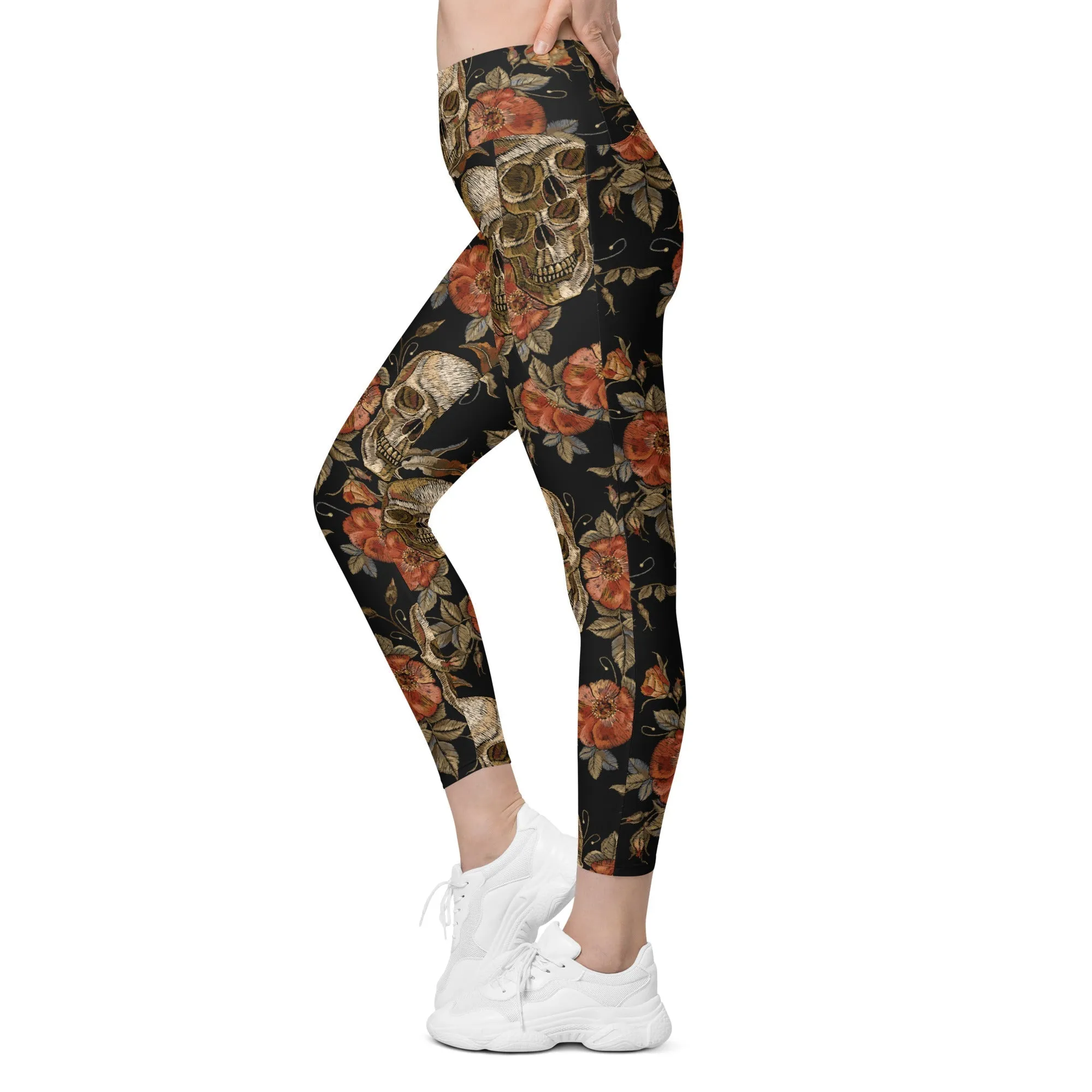 Embroidery Print Skull Leggings With Pockets