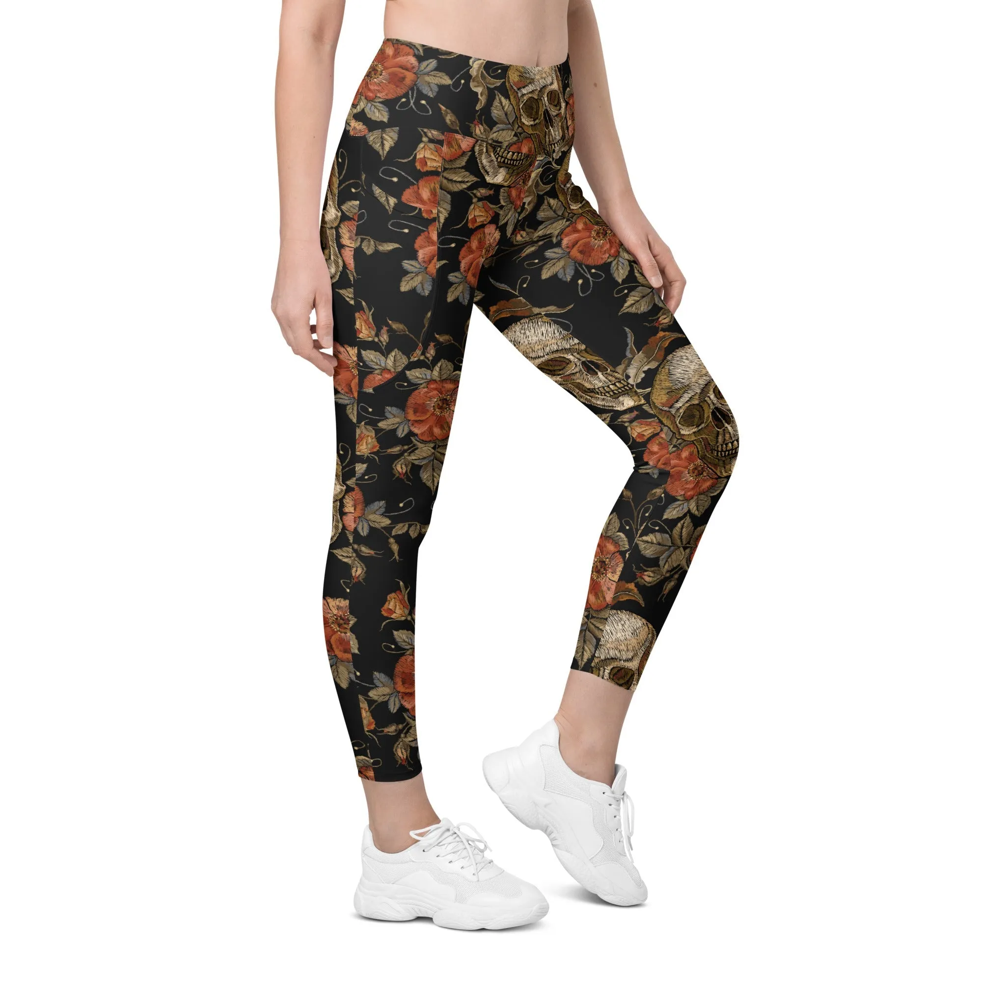 Embroidery Print Skull Leggings With Pockets