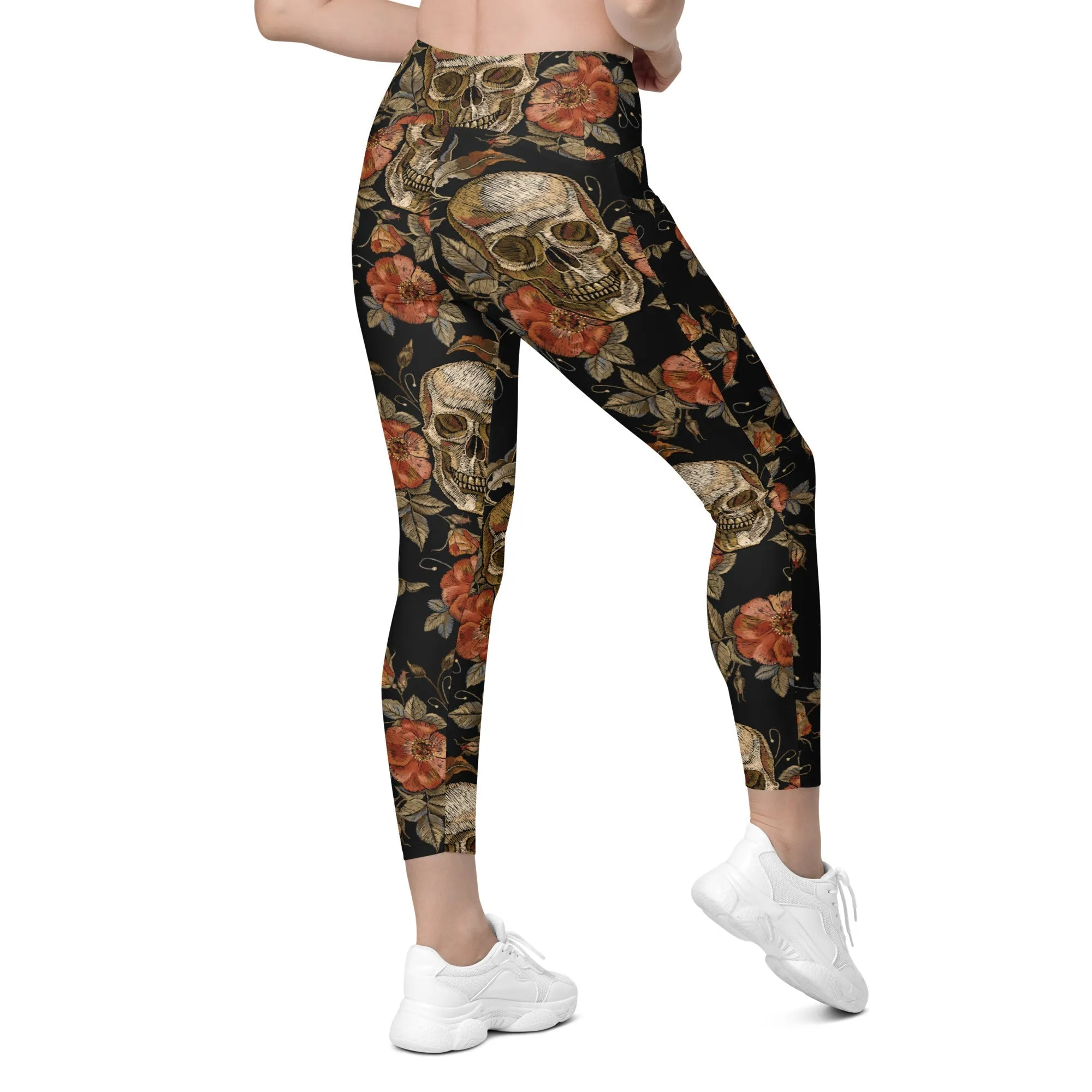 Embroidery Print Skull Leggings With Pockets