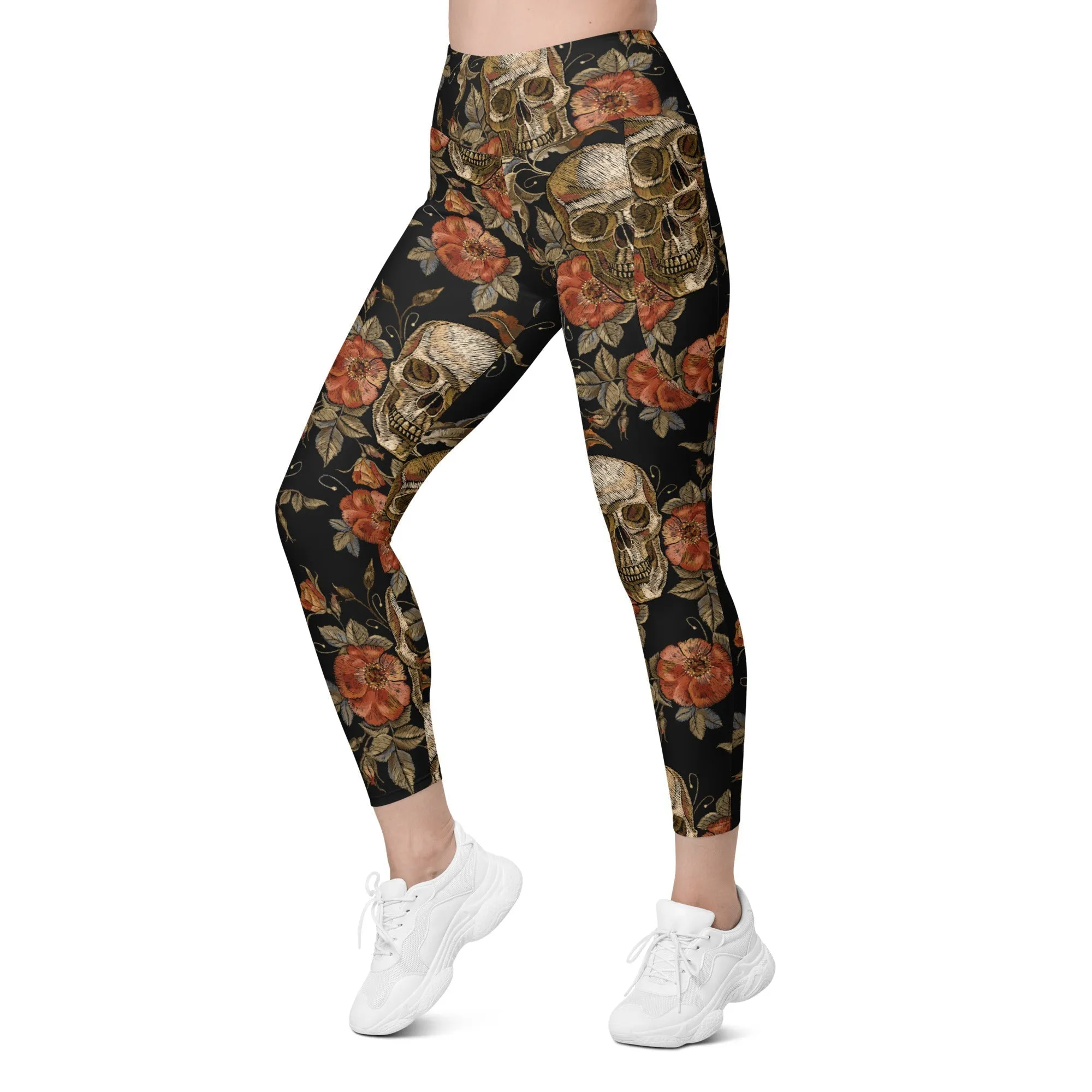 Embroidery Print Skull Leggings With Pockets