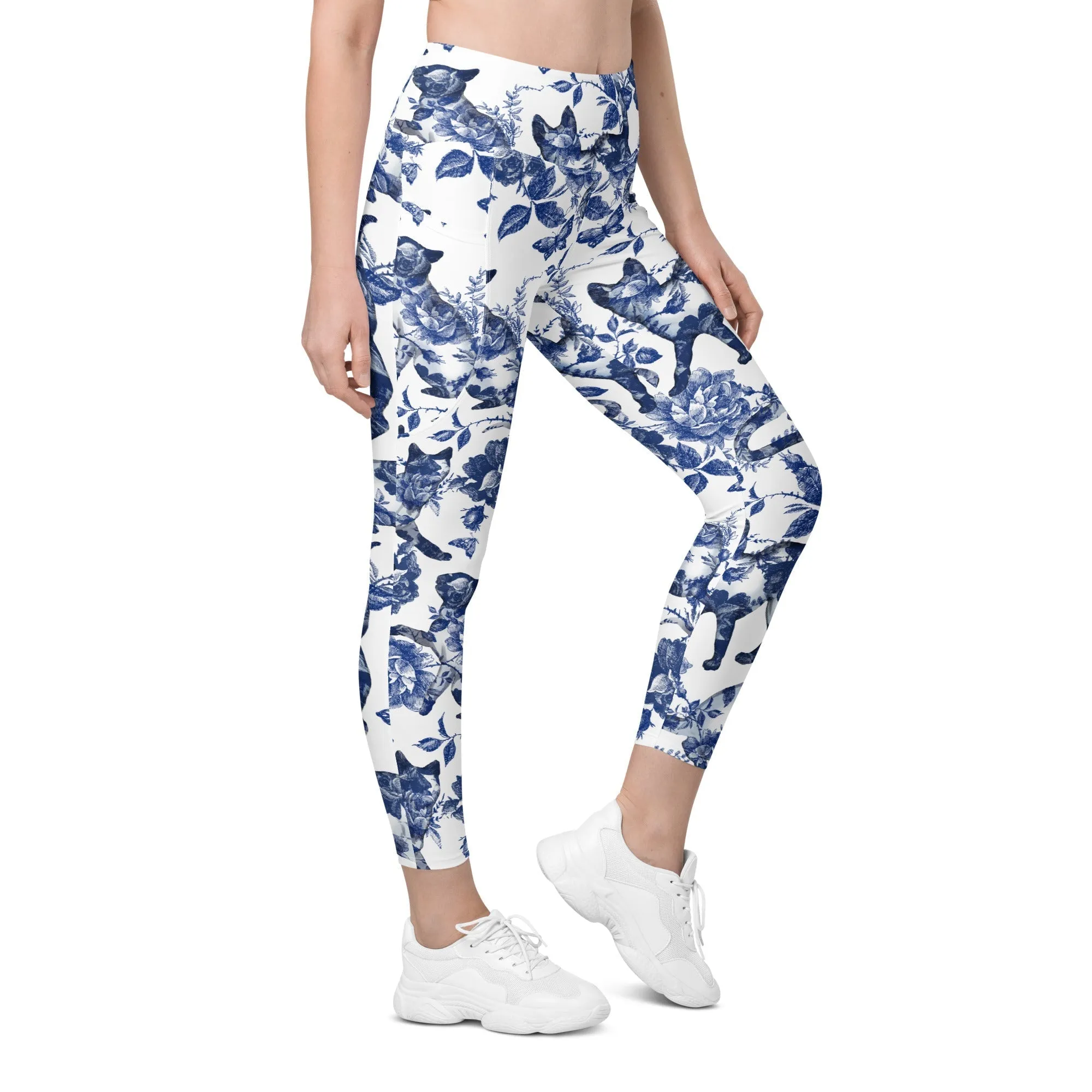 Floral Porcelain Cats Leggings With Pockets