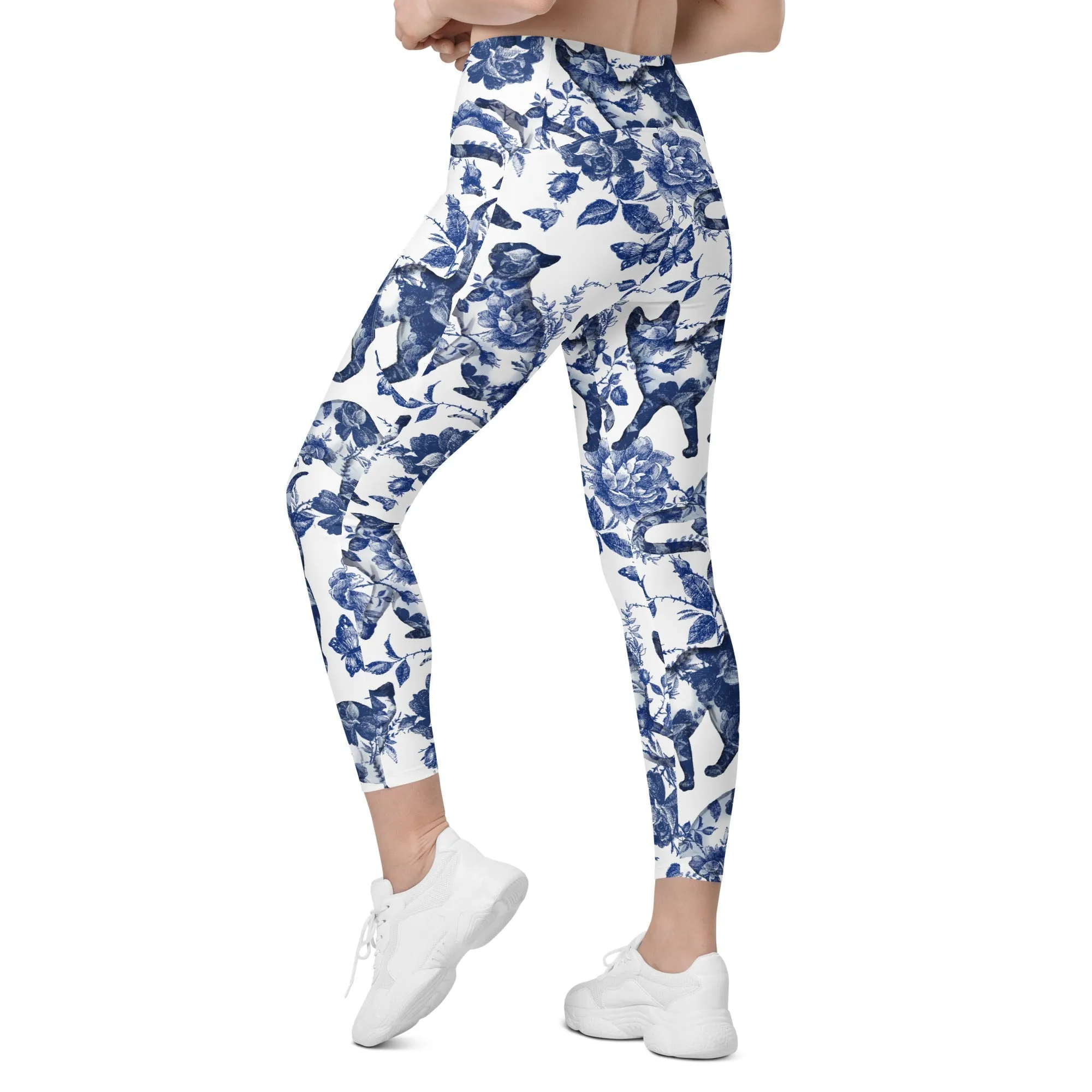 Floral Porcelain Cats Leggings With Pockets