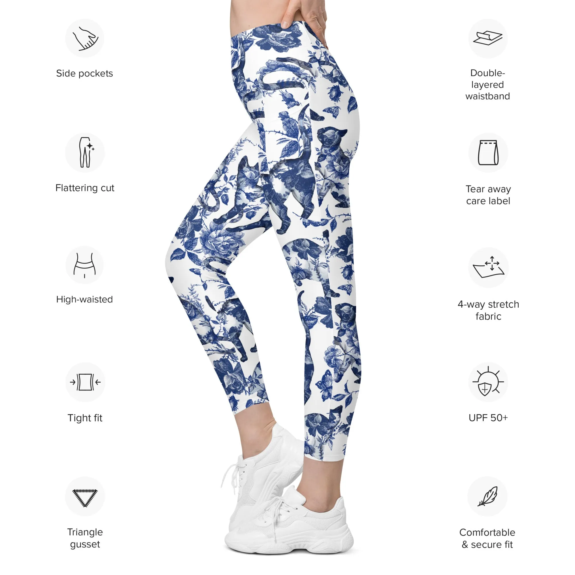 Floral Porcelain Cats Leggings With Pockets