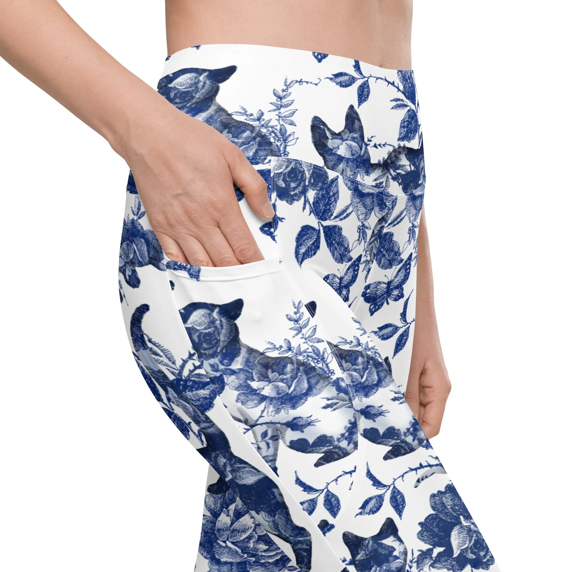 Floral Porcelain Cats Leggings With Pockets