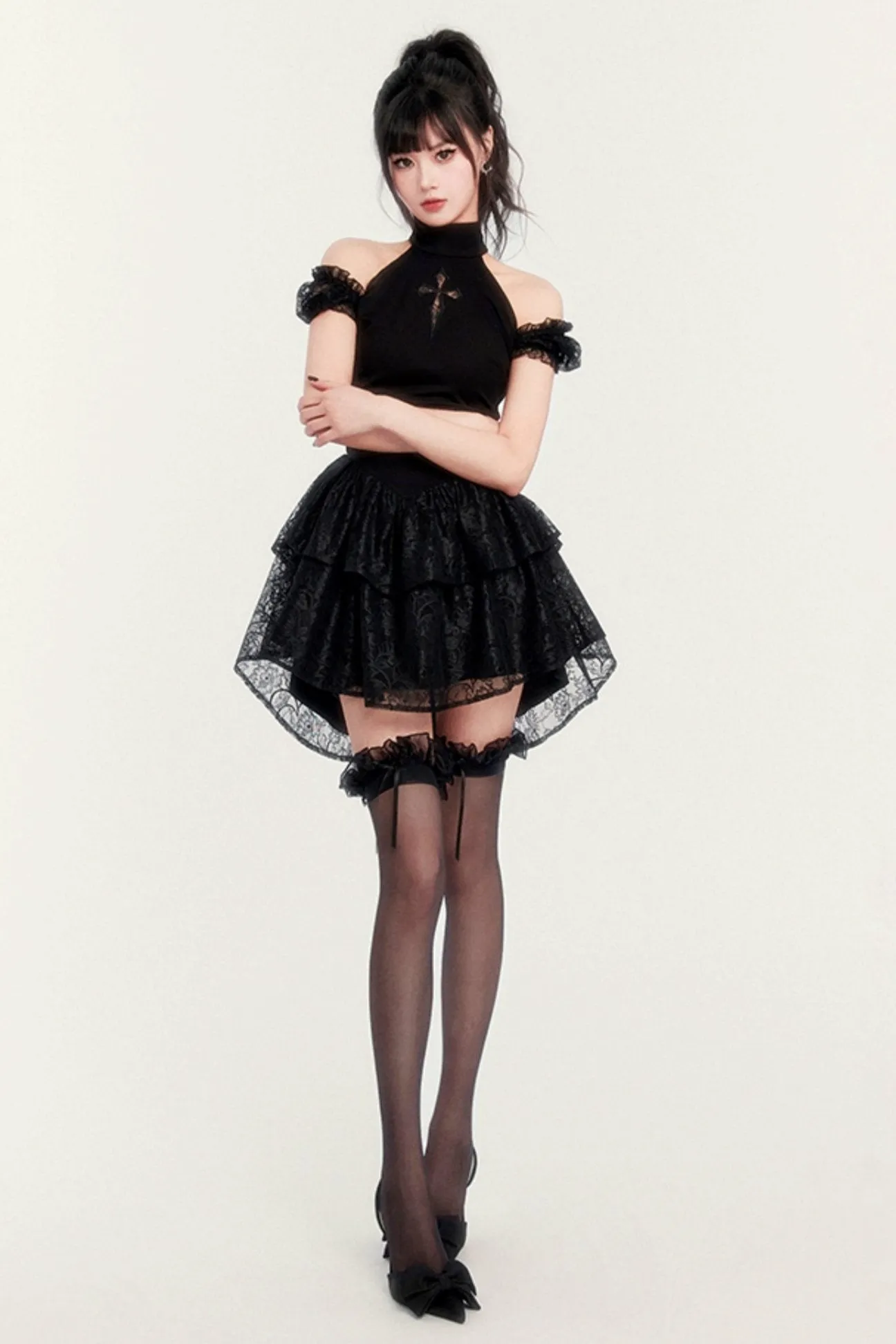 Gothic Cross Cut-Out Tutu Dress With Shorts Legging Set-Up