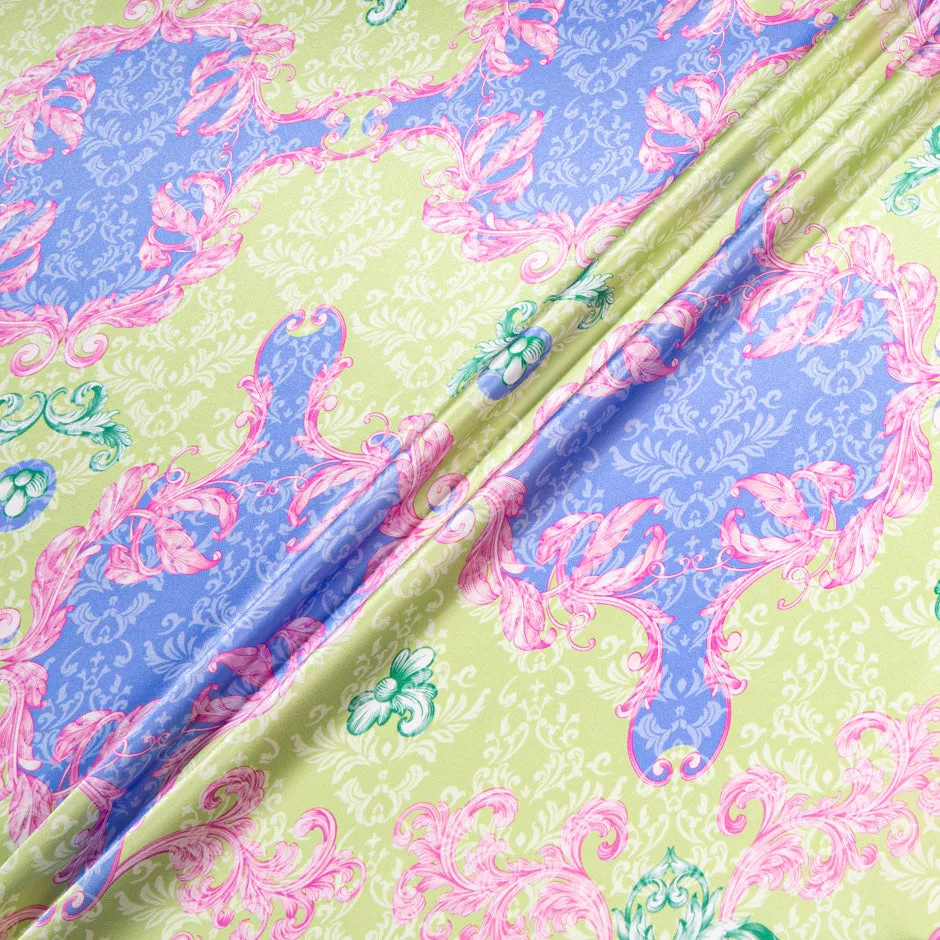 Green, Pink & Periwinkle Printed Silk Satin