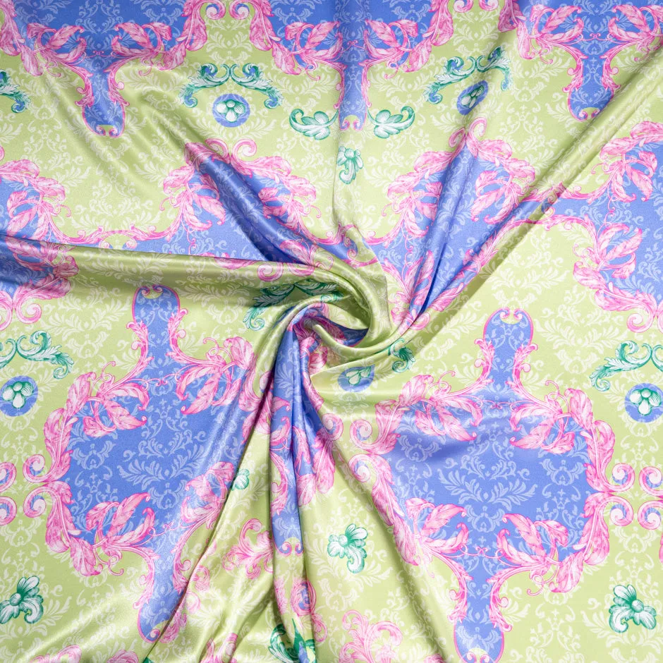 Green, Pink & Periwinkle Printed Silk Satin