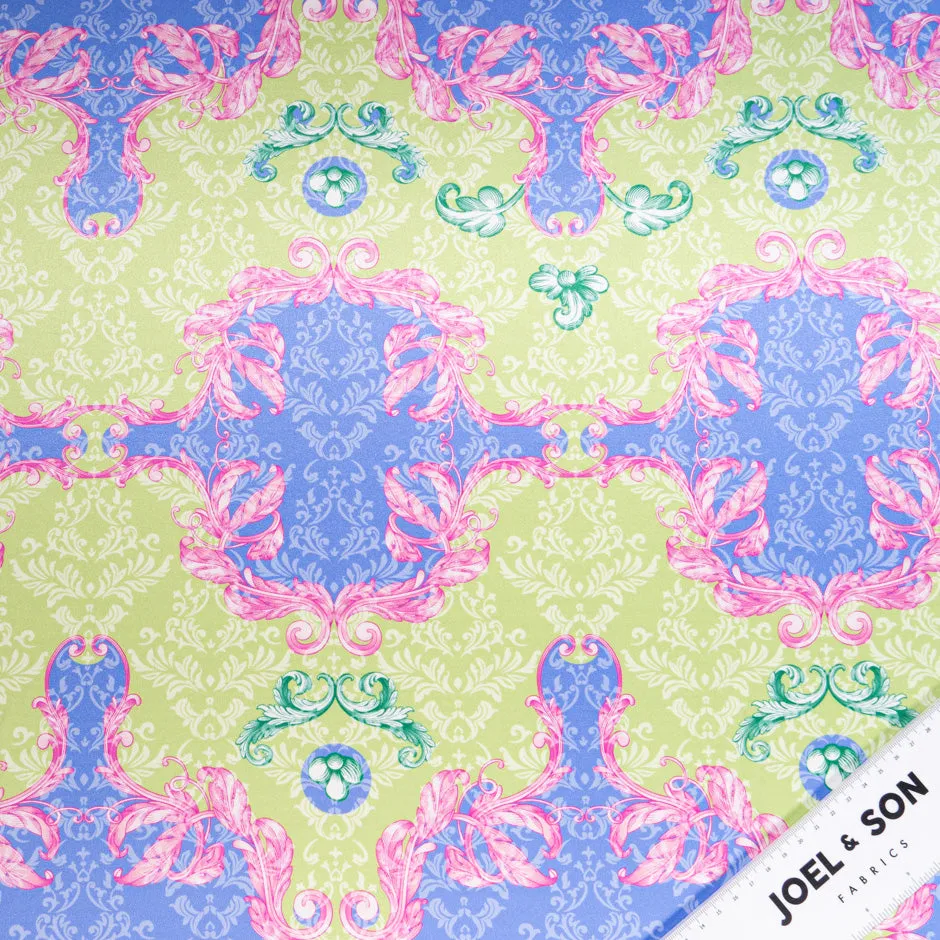 Green, Pink & Periwinkle Printed Silk Satin