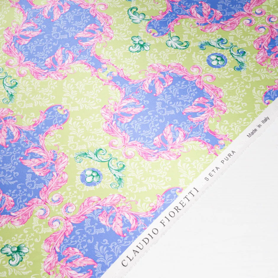 Green, Pink & Periwinkle Printed Silk Satin