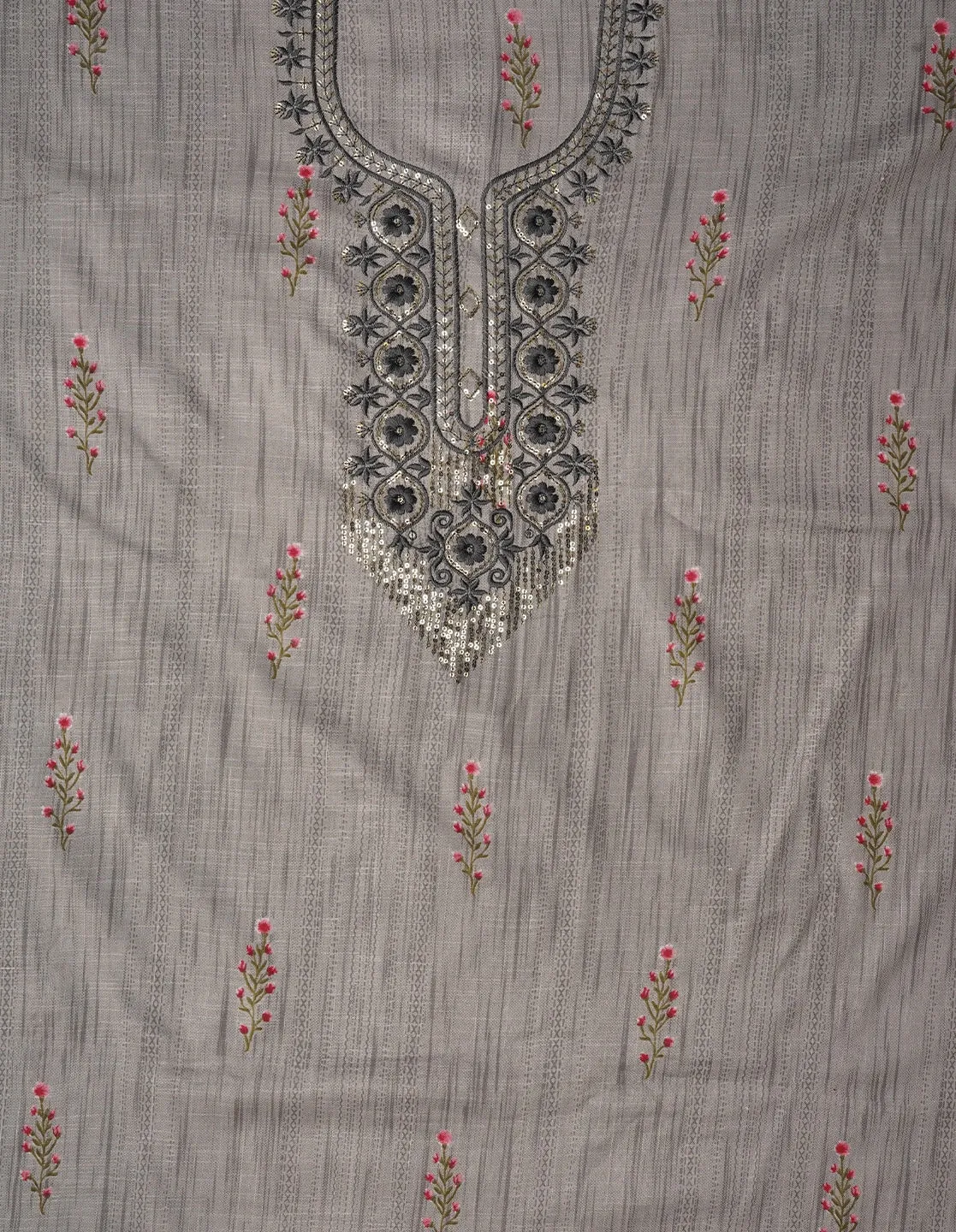 Grey Embroidered Pure Cotton Dress Material with Dupatta