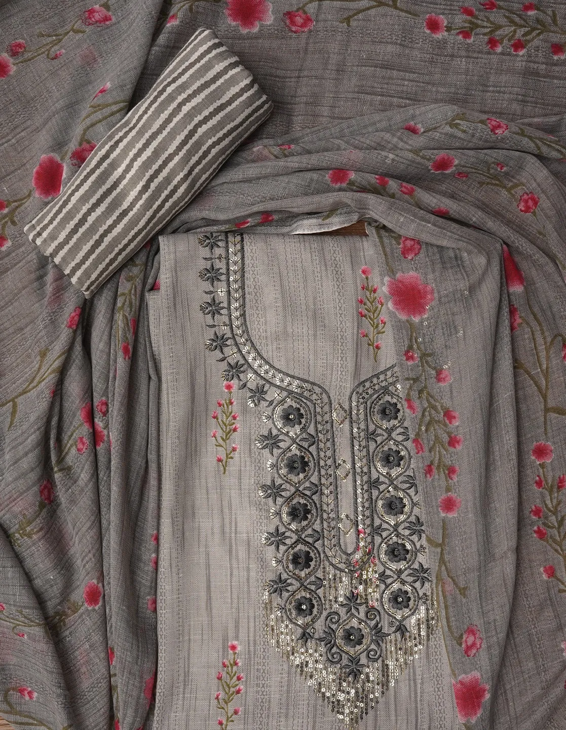 Grey Embroidered Pure Cotton Dress Material with Dupatta