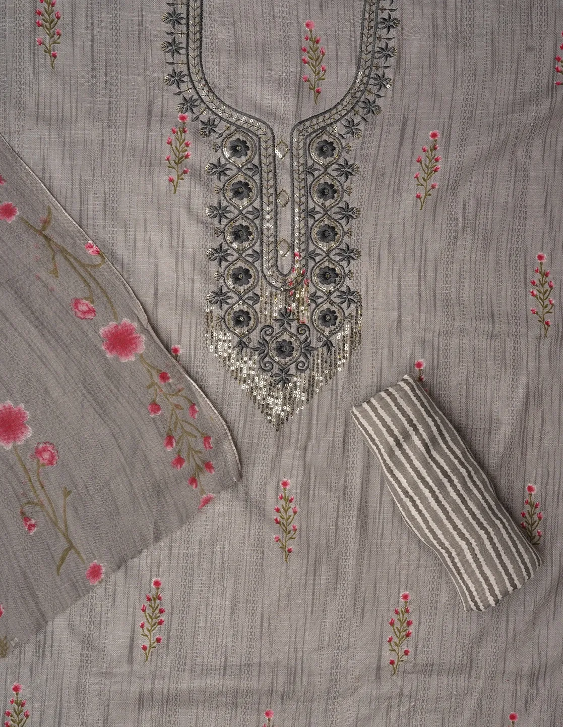 Grey Embroidered Pure Cotton Dress Material with Dupatta