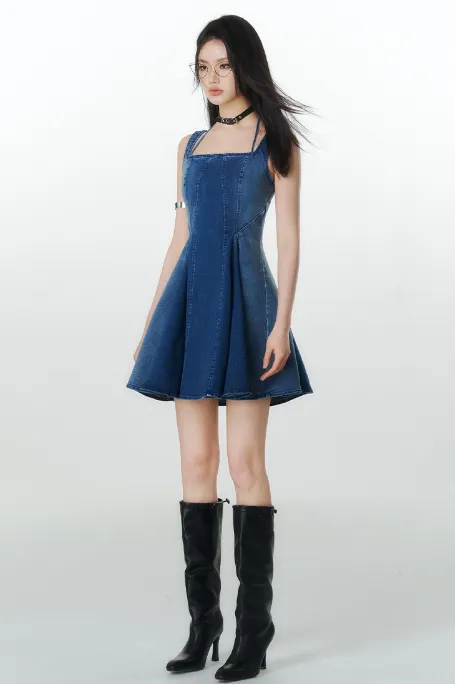 Halter Neck Pleated Denim Dress