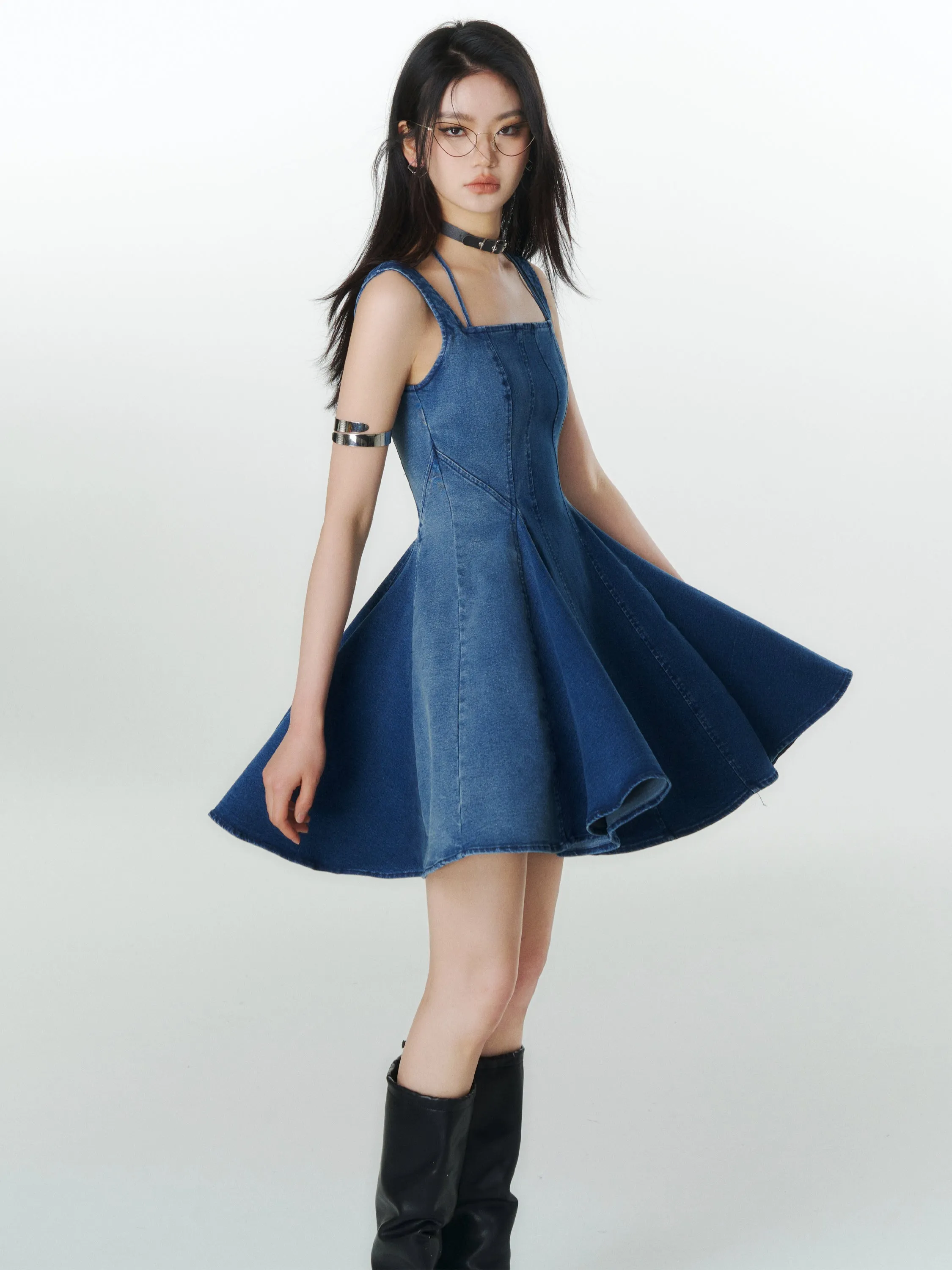 Halter Neck Pleated Denim Dress