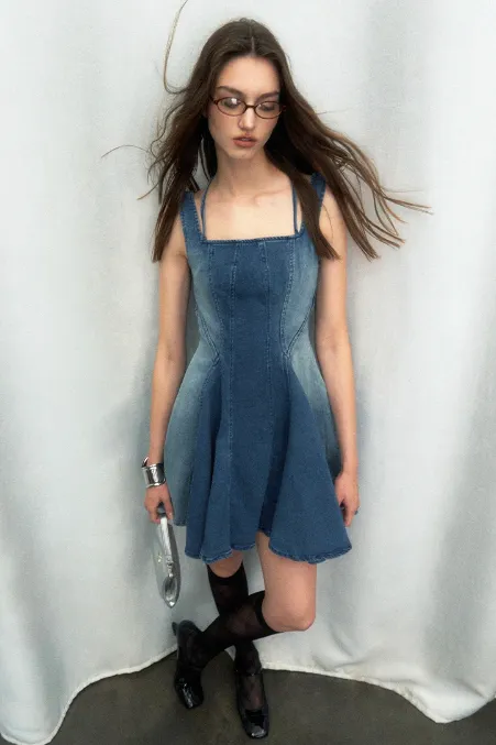 Halter Neck Pleated Denim Dress