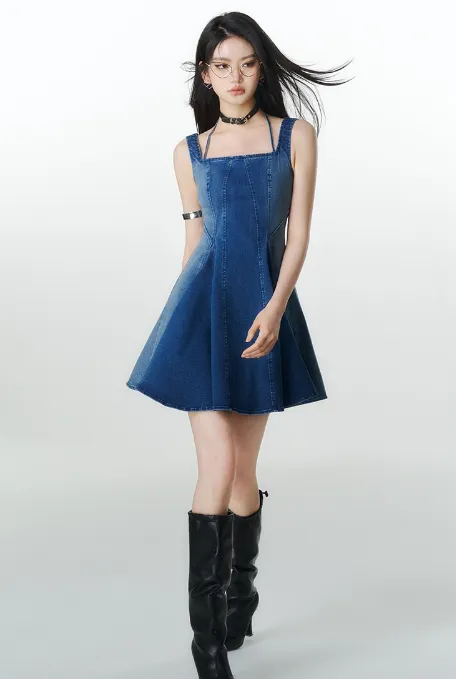 Halter Neck Pleated Denim Dress