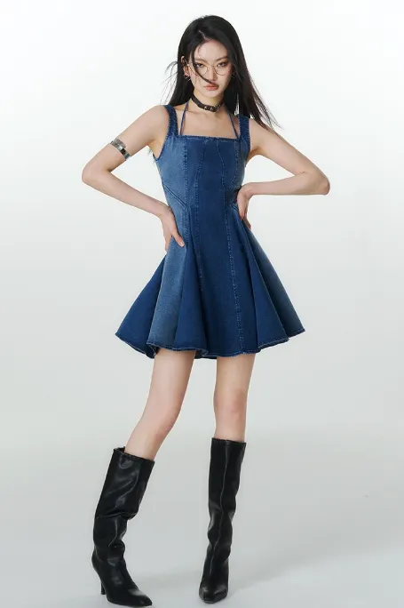 Halter Neck Pleated Denim Dress