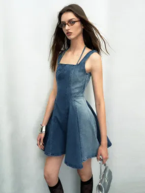 Halter Neck Pleated Denim Dress