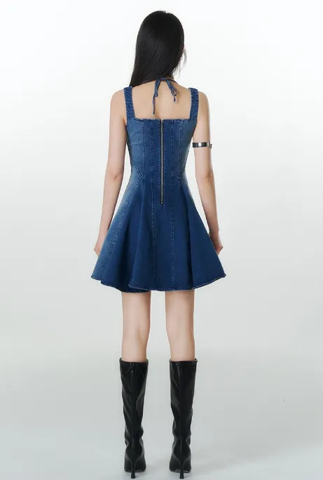 Halter Neck Pleated Denim Dress