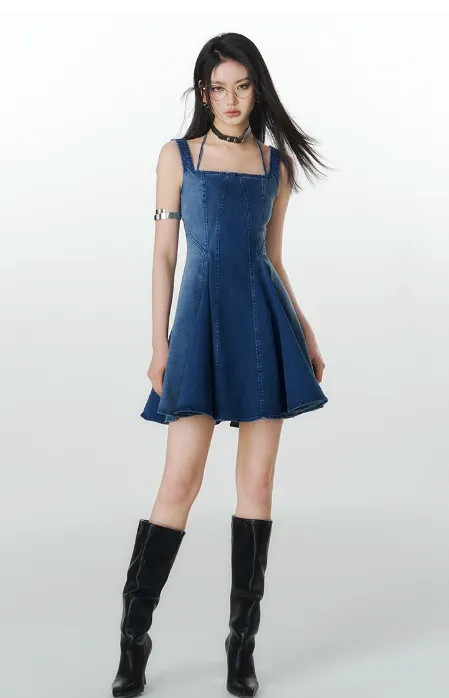 Halter Neck Pleated Denim Dress