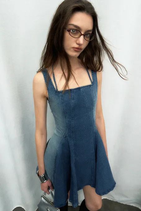 Halter Neck Pleated Denim Dress