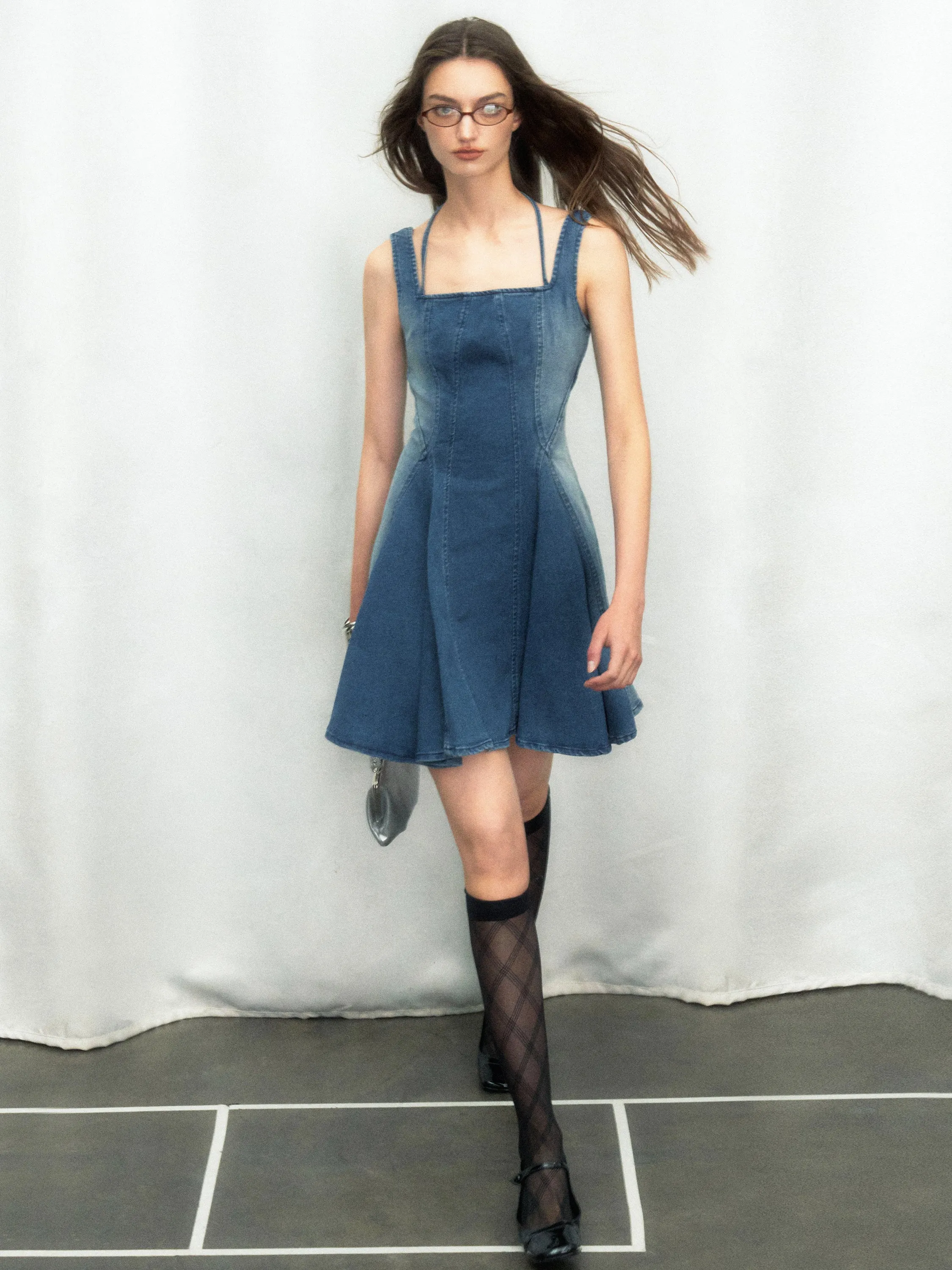 Halter Neck Pleated Denim Dress