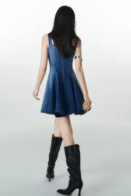 Halter Neck Pleated Denim Dress