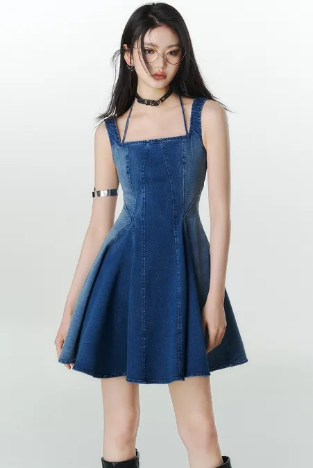 Halter Neck Pleated Denim Dress