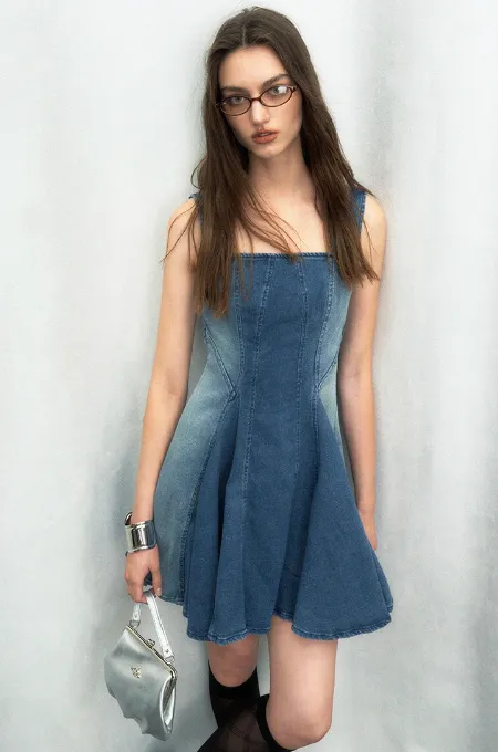 Halter Neck Pleated Denim Dress