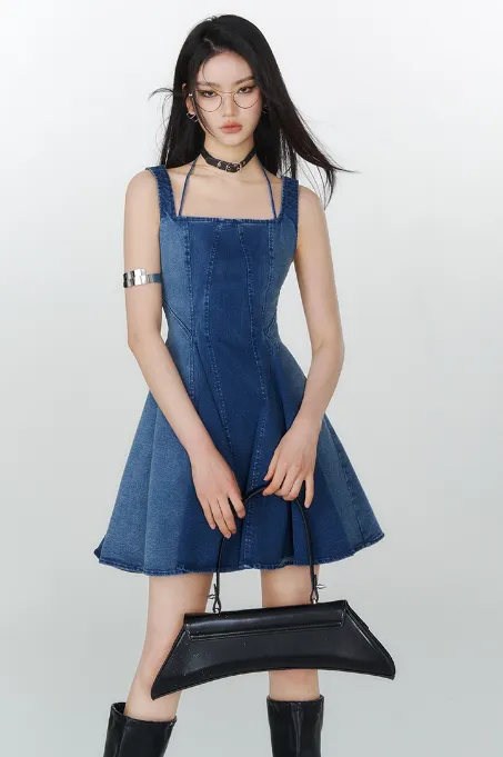 Halter Neck Pleated Denim Dress