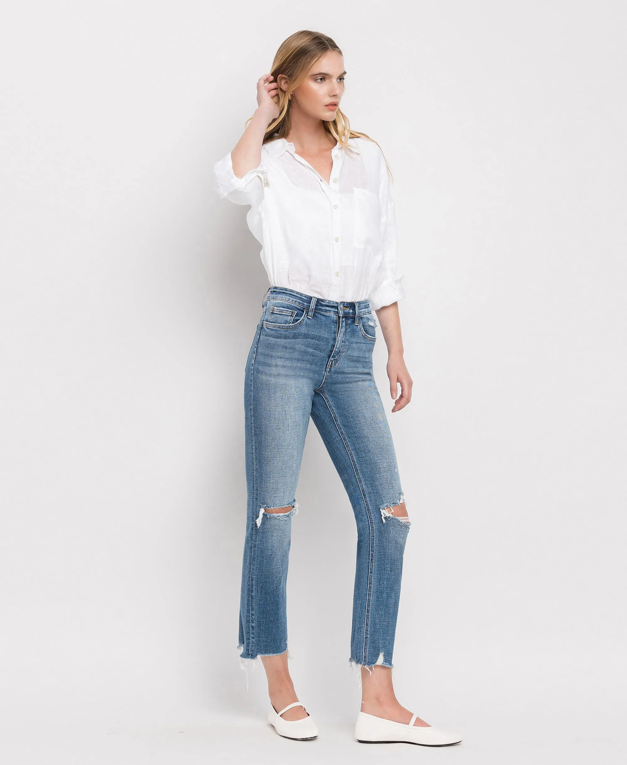 Holly - High Rise Distressed Hem Slim Straight Jeans