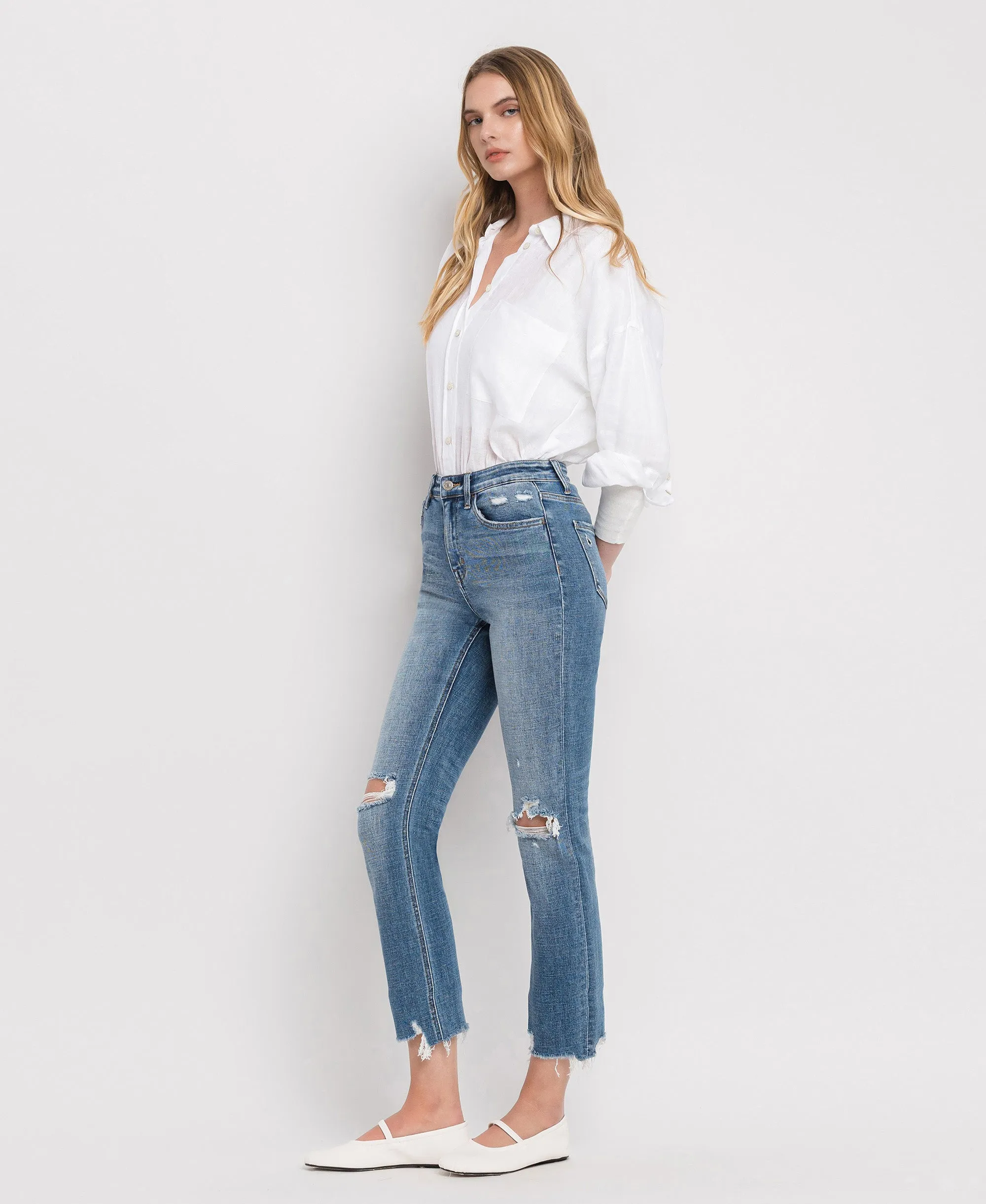 Holly - High Rise Distressed Hem Slim Straight Jeans