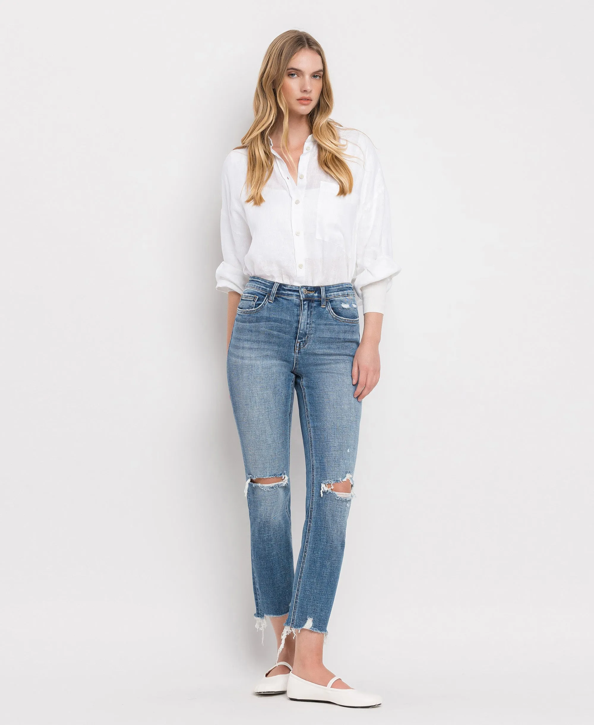 Holly - High Rise Distressed Hem Slim Straight Jeans