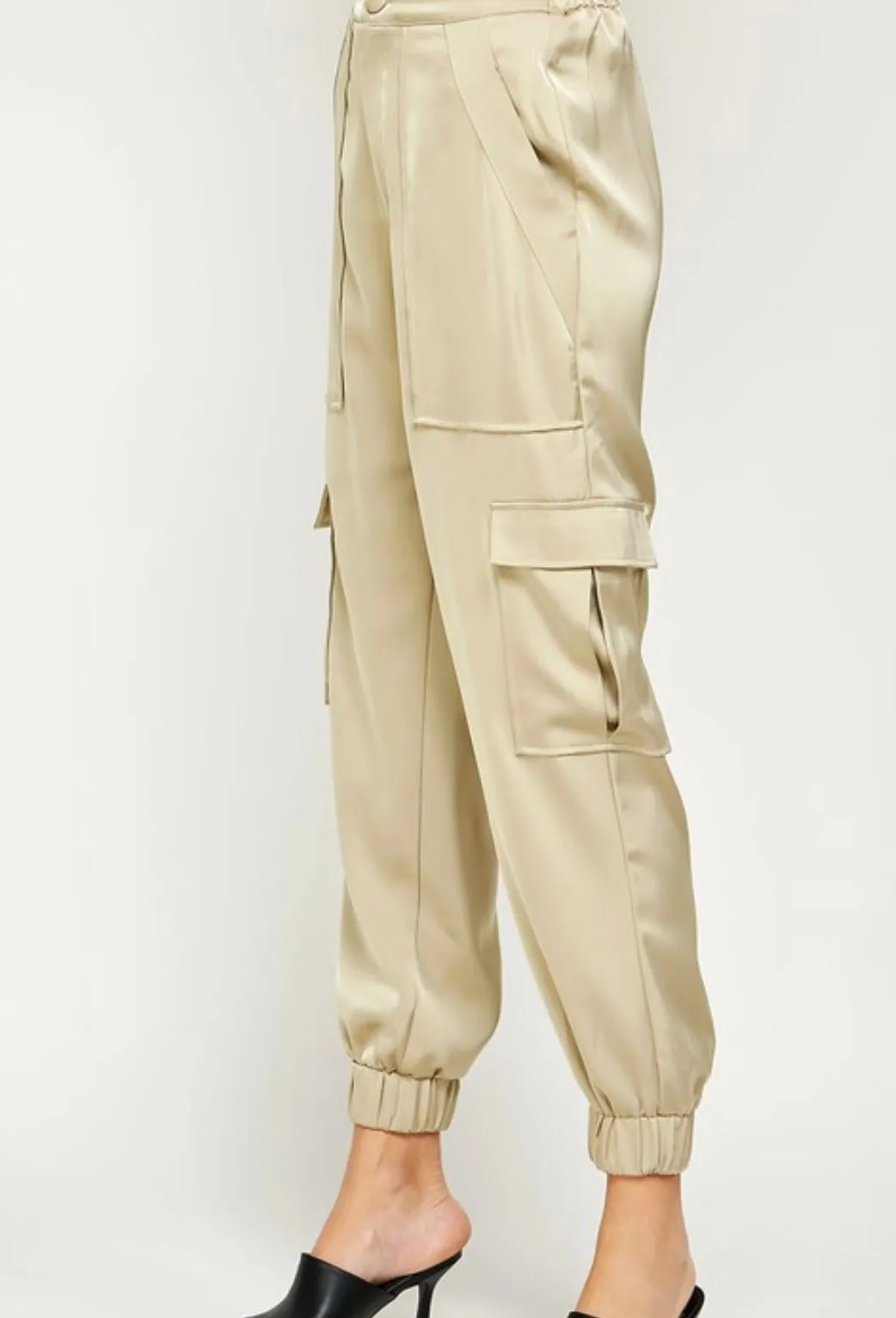 Light Olive Silky Cargo Jogger Pants