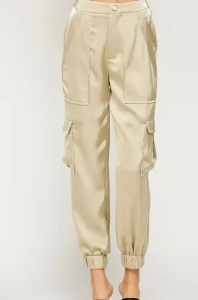 Light Olive Silky Cargo Jogger Pants