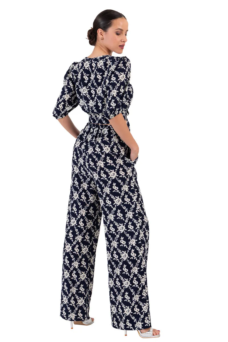 Navy Blue Floral Print Wide-Leg Pants