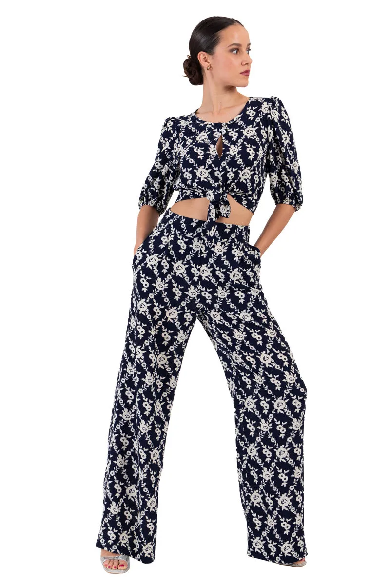 Navy Blue Floral Print Wide-Leg Pants