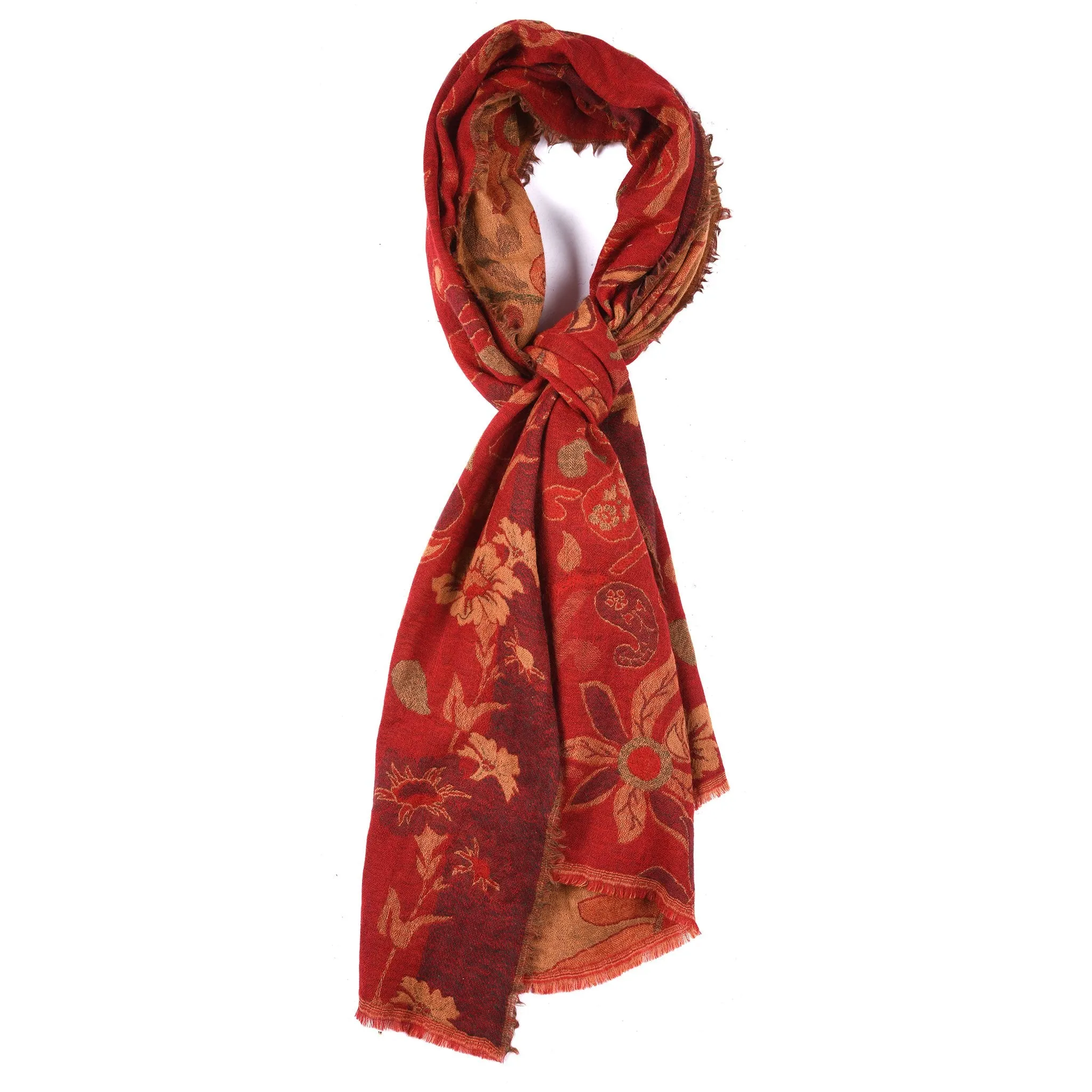 Red - Tudour Floral Scarf - Merino Wool