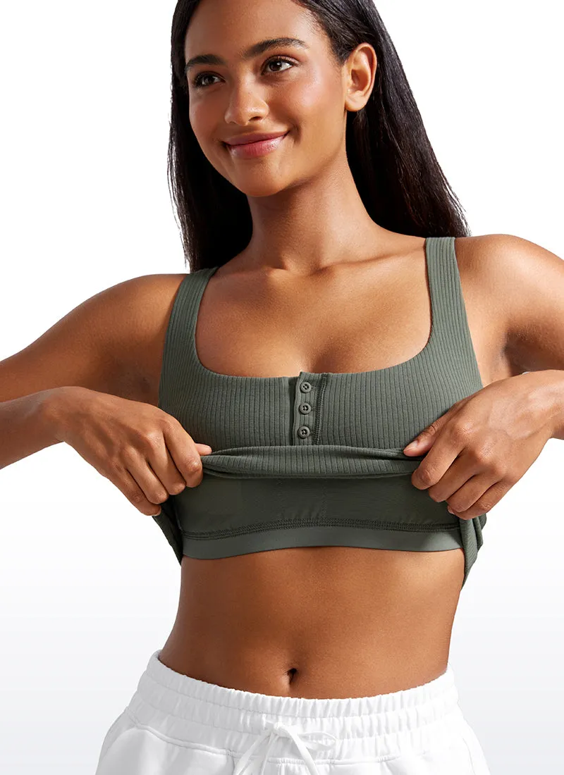 Ribbed Henley Neck Build-in Bra Tanks